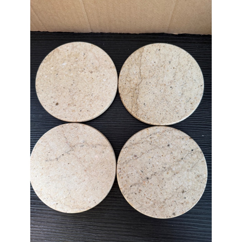 Vtg Natural Stone Travertine Marble Coasters Set of 4 Round Cork Backed